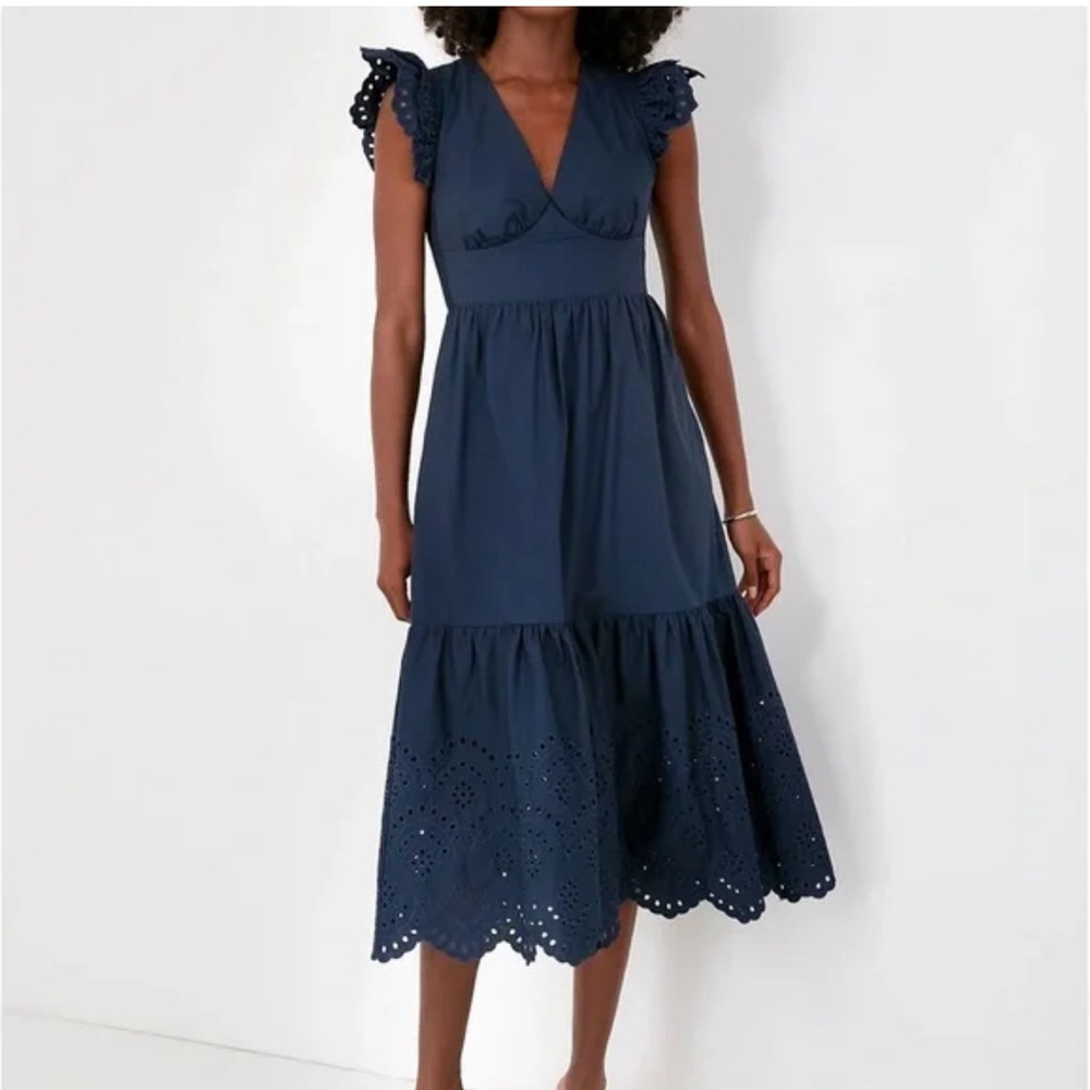 Haycinth House/English Factory Navy midi dress with eyelet detail.